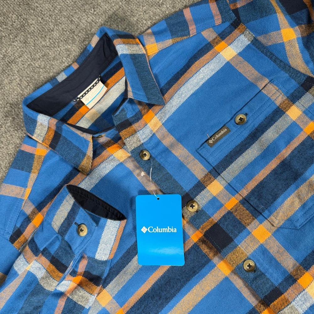 Columbia Mens Pitchstone Heavyweight Flannel Shirt Blue Orange Plaid #4424